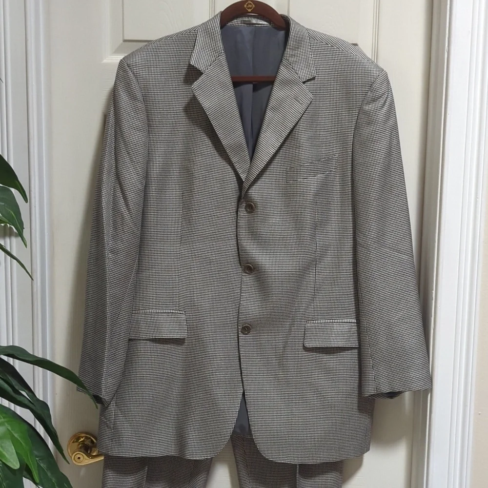 Unbranded Tailored Italian Wool Black/White Herringbone Suit Men's Size 50
